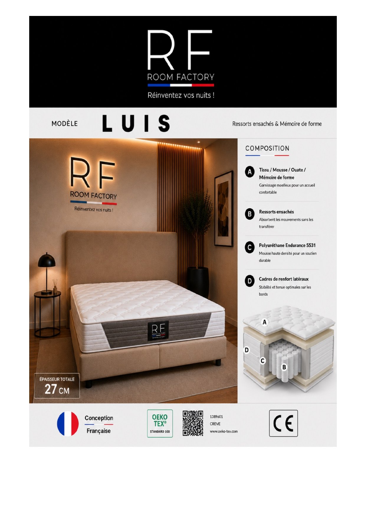 Matelas LUIS 27 cm ressorts ensachés, mémoire de forme – Image 2