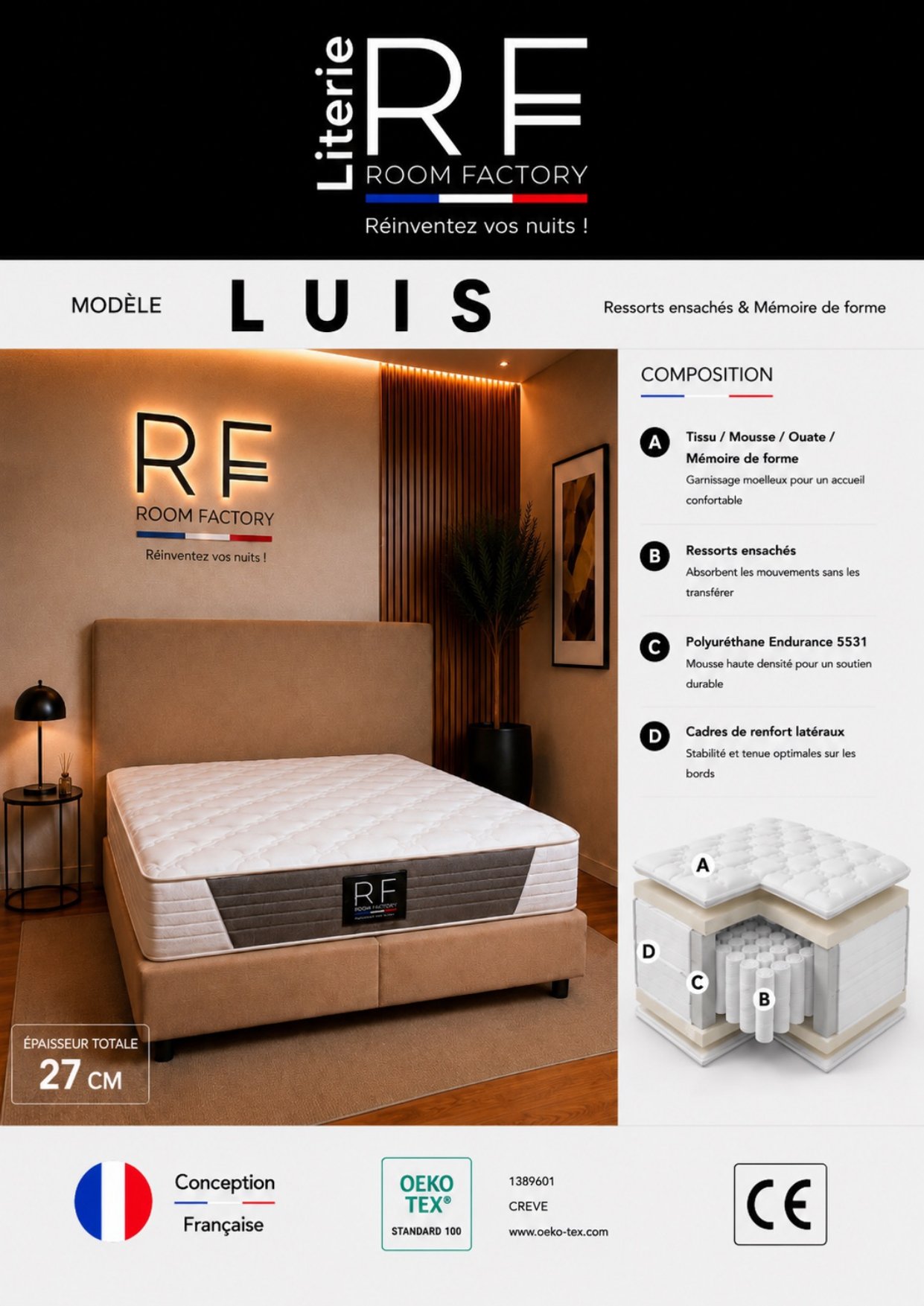 Matelas LUIS 27 cm ressorts ensachés, mémoire de forme – Image 2