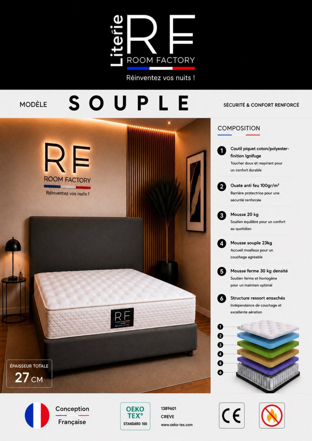 Matelas SOUPLE 27 cm Ressorts ensachés & confort progressif – Image 2