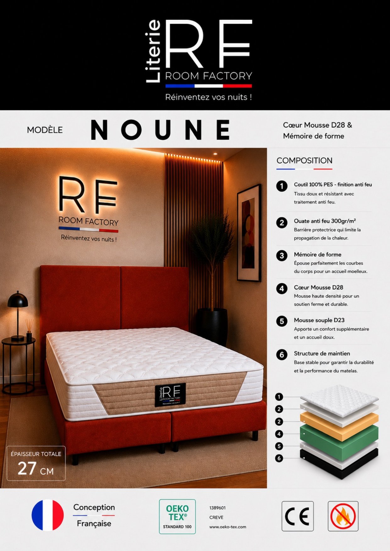 Matelas NOUNE 27 cm 7 cm – Mémoire de forme & cœur mousse D28 Confort ferme – Image 2